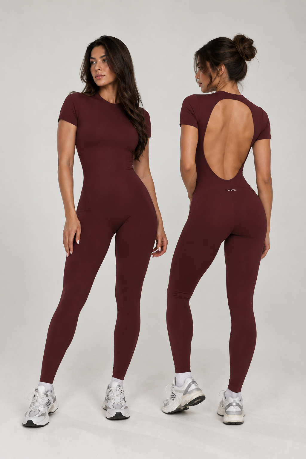 LAVIC Form Jumpsuit in Ruby Wine, front and back